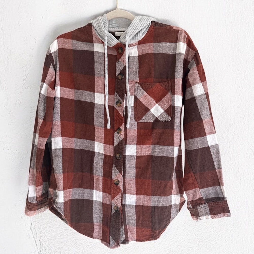 Maurices Women’s Brown/Red/White Plaid Button-Up Hoodie Shirt – Size Small